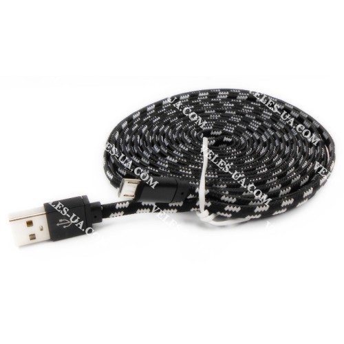 шнур Штекер mikro USB(5pin) x Шт. USB-2.0 A, 3.0м, плаский, плетений, кульок, BK (артикул: 01-1199.BK) шнур Штекер mikro USB(5pin) x Шт. USB-2.0 A, 3.0м, плаский, плетений, кульок, BK (артикул: 01-1199.BK)