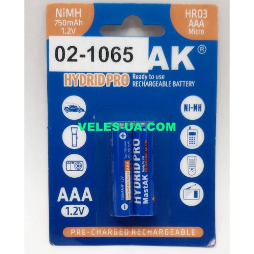 Ro3, AAA 750mAh 1,2V MastAK (артикул: 02-1065) Ro3, AAA 750mAh 1,2V MastAK (артикул: 02-1065)