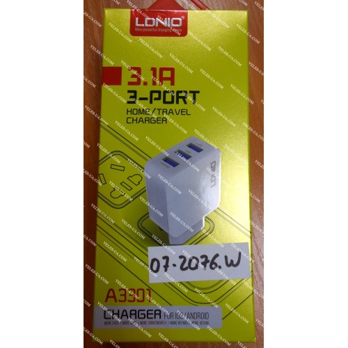 БЖ з USB вих 5V, Iнагр=3,1A ( 3шт Гн. USB), model: LDNIO A3301 (артикул: 07-2076.W) БЖ з USB вих 5V, Iнагр=3,1A ( 3шт Гн. USB), model: LDNIO A3301 (артикул: 07-2076.W)