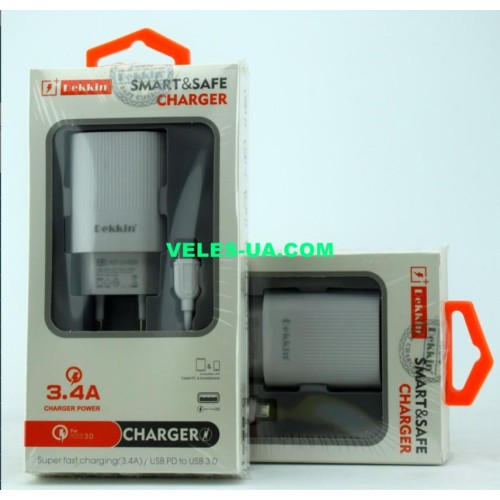 БЖ з USB вих 5V, Quick-3.0 Iнагр=3,4A ( 1шт Гн.USB + каб.шт.mikroUSB), model: Dekkin DK-6341 , W (артикул: 07-2193.) БЖ з USB вих 5V, Quick-3.0 Iнагр=3,4A ( 1шт Гн.USB + каб.шт.mikroUSB), model: Dekkin DK-6341 , W (артикул: 07-2193.)