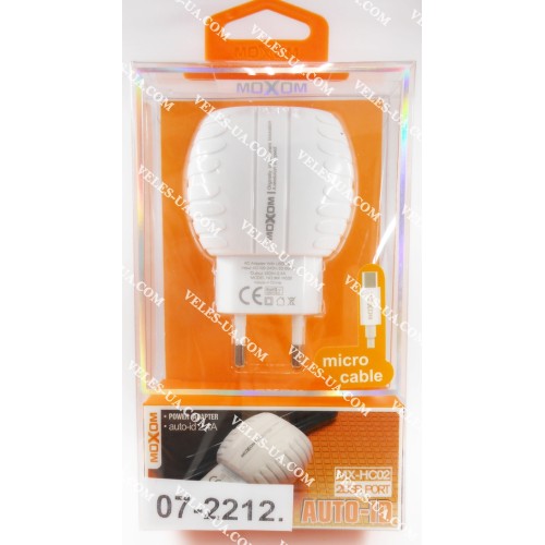 БЖ з USB вих 5V, Iнагр=2,4A ( 2шт Гн. USB + кабель шт.mikroUSB), model: Moxom MX-HC02, коробка, W (артикул: 07-2212.) БЖ з USB вих 5V, Iнагр=2,4A ( 2шт Гн. USB + кабель шт.mikroUSB), model: Moxom MX-HC02, коробка, W (артикул: 07-2212.)