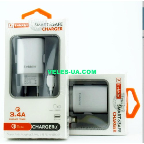 БЖ з USB вих 5V, Quick-3.0 Iнагр=3,4A ( 1шт Гн.USB + каб.шт.Type-C), model: Dekkin DK-6341 , W (артикул: 07-2234.) БЖ з USB вих 5V, Quick-3.0 Iнагр=3,4A ( 1шт Гн.USB + каб.шт.Type-C), model: Dekkin DK-6341 , W (артикул: 07-2234.)