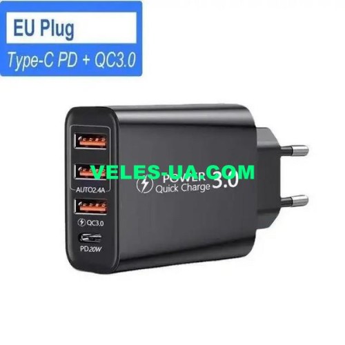 БЖ з USB вих 5V, Quick-3.0+PD Iнагр=3,0A + 2.4A ( 3шт Гн.USB A + 1шт.Гн.Type-C), VHG AR-890, 20W (артикул: 07-2295.) БЖ з USB вих 5V, Quick-3.0+PD Iнагр=3,0A + 2.4A ( 3шт Гн.USB A + 1шт.Гн.Type-C), VHG AR-890, 20W (артикул: 07-2295.)
