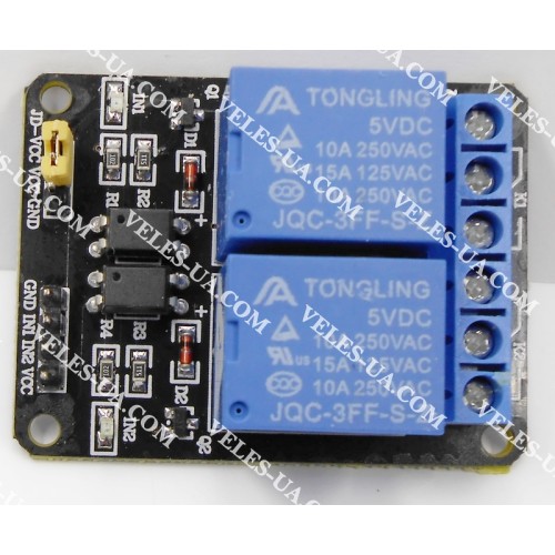 модуль реле 2шт Ucc=5V; Uin=5V; Iin=5mA; 2 реле 10A; оптрони на вході (артикул: 09-0493.) модуль реле 2шт Ucc=5V; Uin=5V; Iin=5mA; 2 реле 10A; оптрони на вході (артикул: 09-0493.)