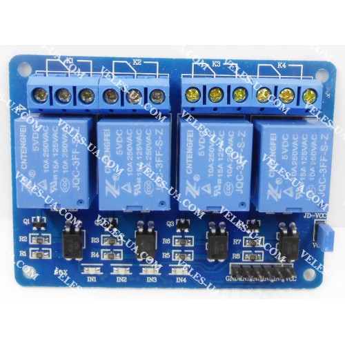 модуль реле 4шт Ucc=5V; Uin=5V; Iin=5mA; 4 реле 10A; оптрони на вході (артикул: 09-0494.) модуль реле 4шт Ucc=5V; Uin=5V; Iin=5mA; 4 реле 10A; оптрони на вході (артикул: 09-0494.)