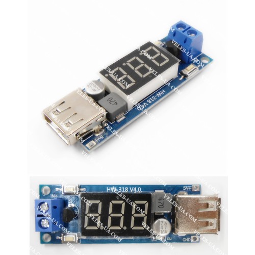 Стабілізатор напруги 5V, 2.0A, Uin=4,5-40V, Uout=5V, USB A, HW-318 з LED вольтметром (збірка) (артикул: 09-1203.) Стабілізатор напруги 5V, 2.0A, Uin=4,5-40V, Uout=5V, USB A, HW-318 з LED вольтметром (збірка) (артикул: 09-1203.)