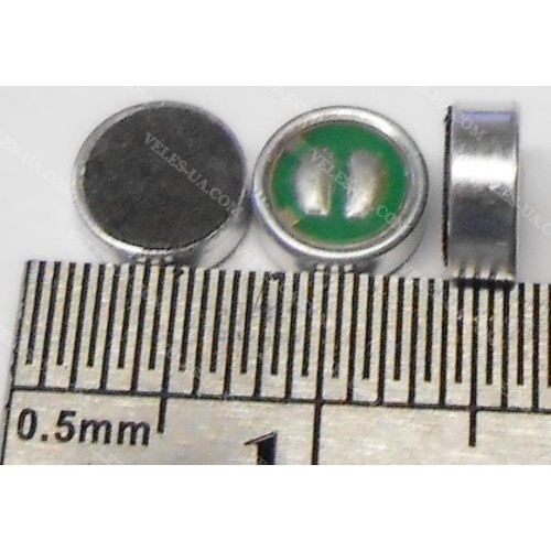 Мікрофон електретний, d6.0x2,2mm, VDC (1.5-10V), -48...66dB, s/n=56dB, Imax=0.5mA, Китай (артикул: 28-0761.) Мікрофон електретний, d6.0x2,2mm, VDC (1.5-10V), -48...66dB, s/n=56dB, Imax=0.5mA, Китай (артикул: 28-0761.)