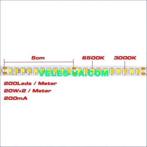 стрічка DC 3V/200mA/5cm/2pin/7mm, 200D-5B10Cx2, 2835, 200 діодів/1м, 6500K/3000K,20Wx2/1m(на люстру) (артикул: 29-0099.WC-WW) стрічка DC 3V/200mA/5cm/2pin/7mm, 200D-5B10Cx2, 2835, 200 діодів/1м, 6500K/3000K,20Wx2/1m(на люстру) (артикул: 29-0099.WC-WW)